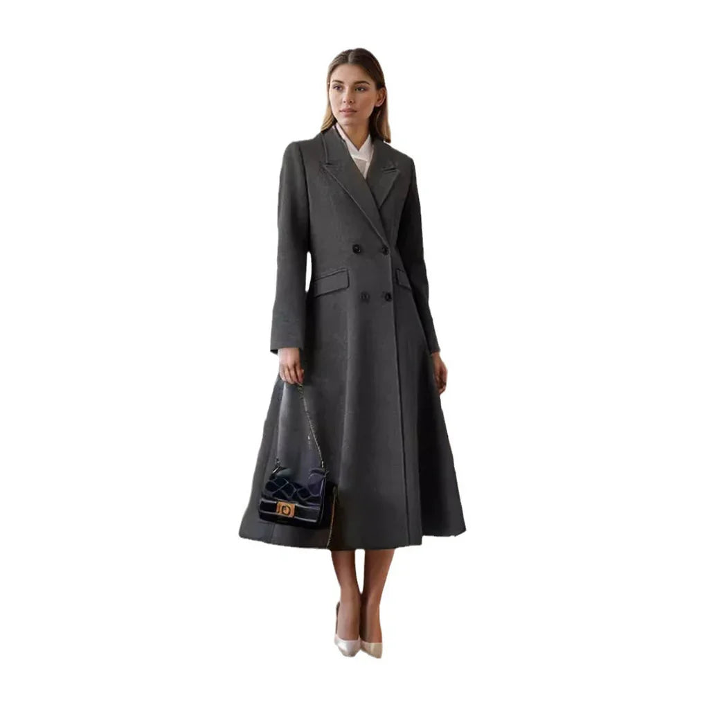 Floriane | Manteau Long Femme Laine Mélangée Cintré Double Boutonnage Col Classique