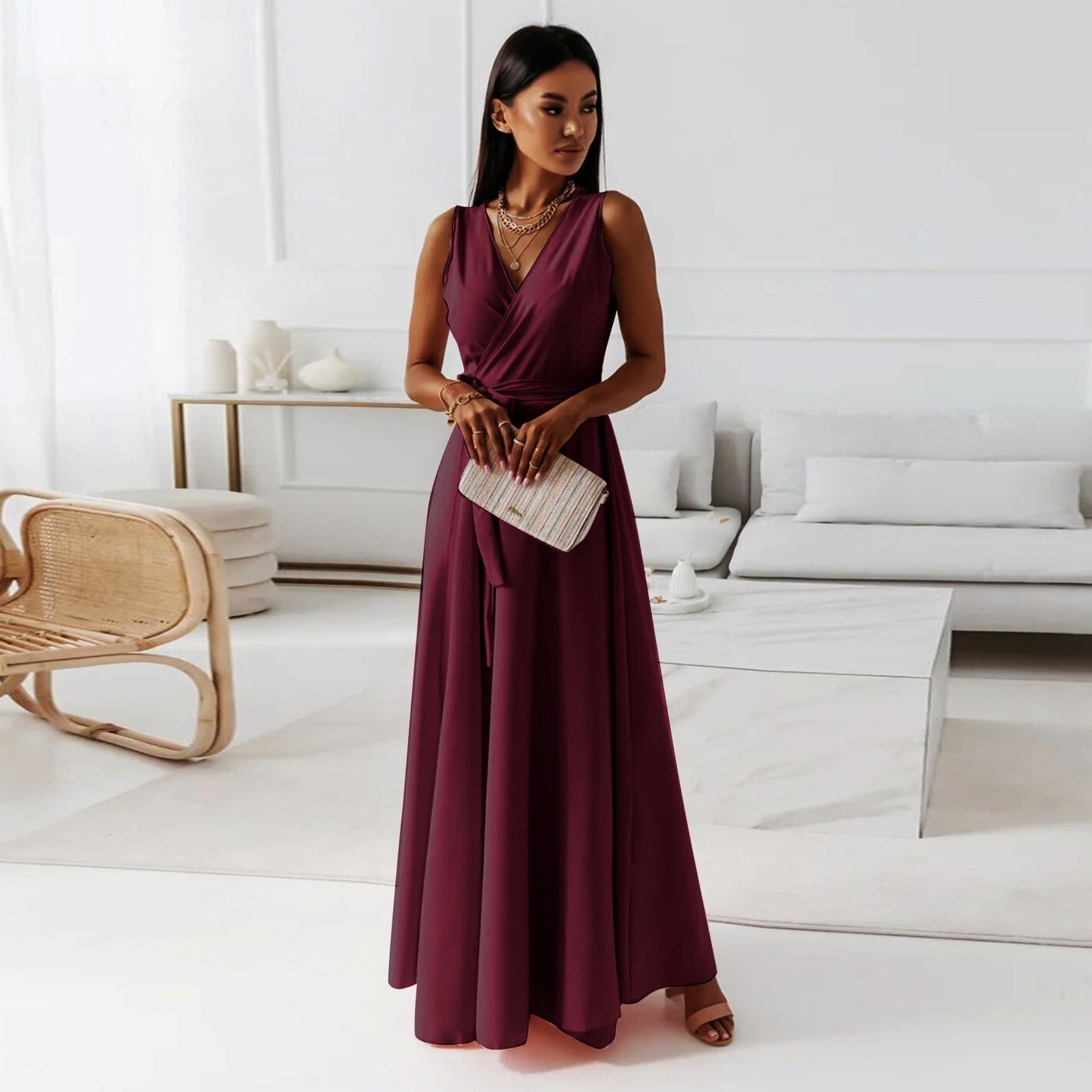 Fantine | Robe Maxi Femme Élégante Sans Manches Ceinture Taille Col V