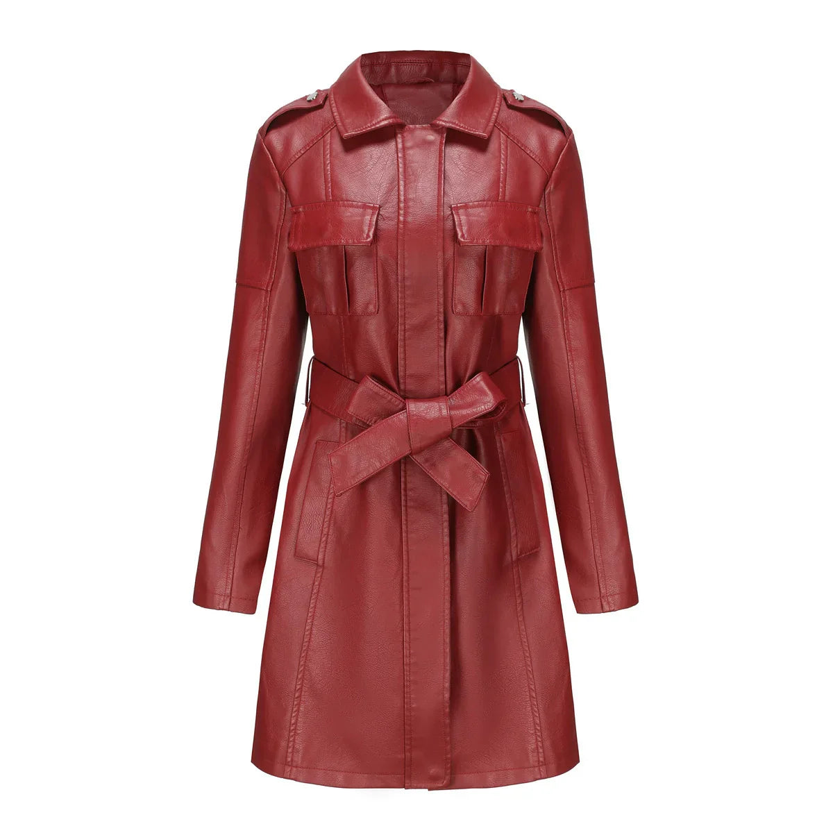 Delphine | Manteau Femme Mi-Long Élégant en Similicuir, Coupe Cintrée avec Fermeture Zippée et Poches à Rabat