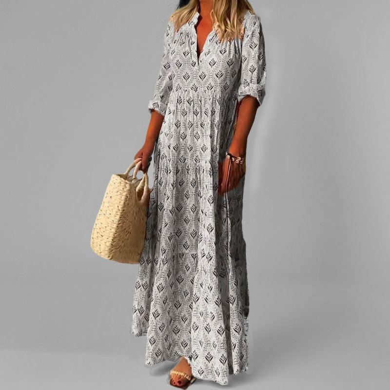 Sorenza | Robe Maxi Femme Coton Léger – Coupe Ample – Col V – Imprimé Vintage – Manches 3/4