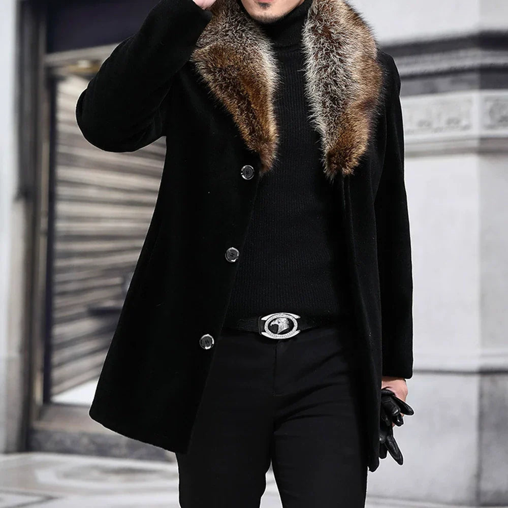 Edgard | Manteau Homme Slim Fit en Laine avec Col Shaggy V-Fur et Fermeture Boutonnée