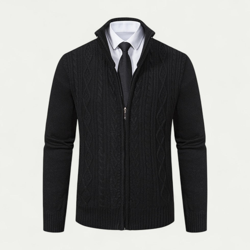 Finley | Cardigan Homme Zippé en Maille Torsadée avec Col Haut et Ourlet Côtelé