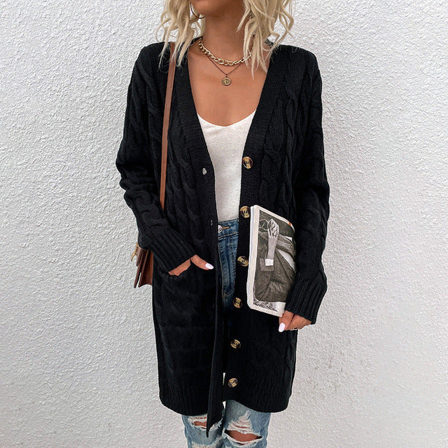 Albane | Cardigan Long Boutonné en Maille Texturée avec Poches pour Femme