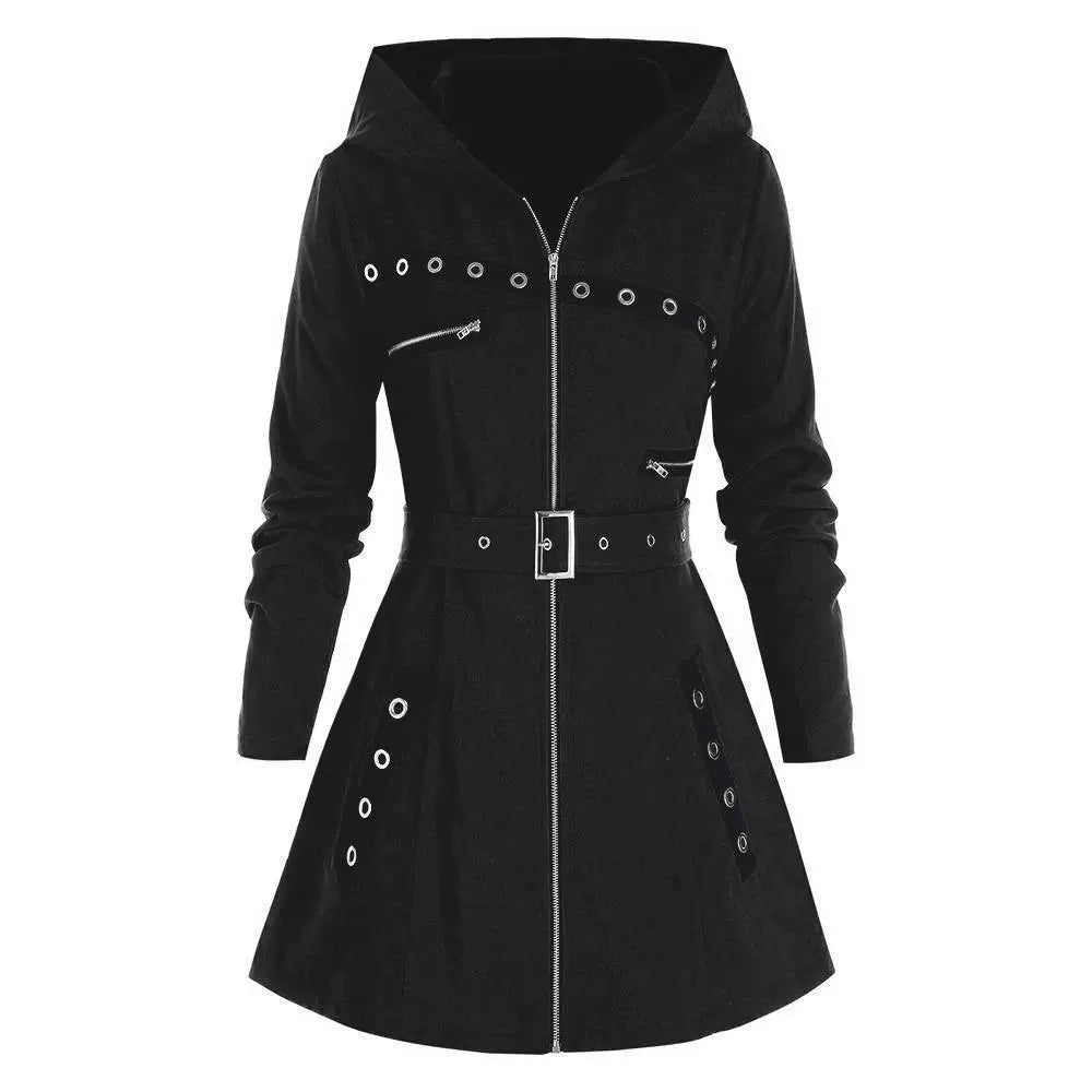 Désirée | Manteau Femme Cintré avec Capuche, Ourlet Asymétrique, Fermeture Zippée Métal et Ceinture Ajustable