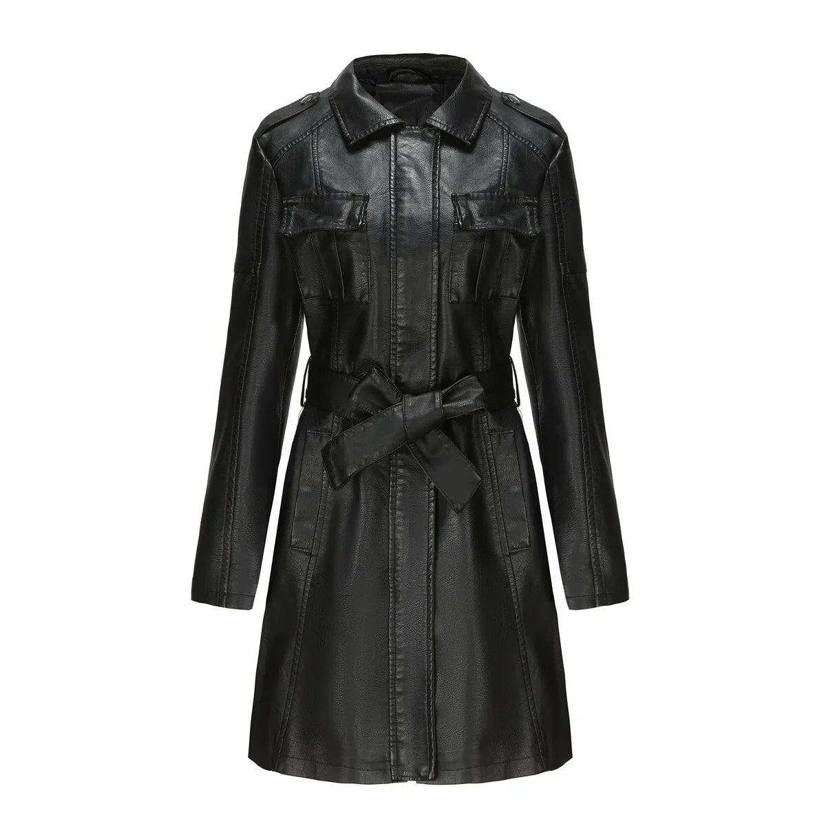 Delphine | Manteau Femme Mi-Long Élégant en Similicuir, Coupe Cintrée avec Fermeture Zippée et Poches à Rabat