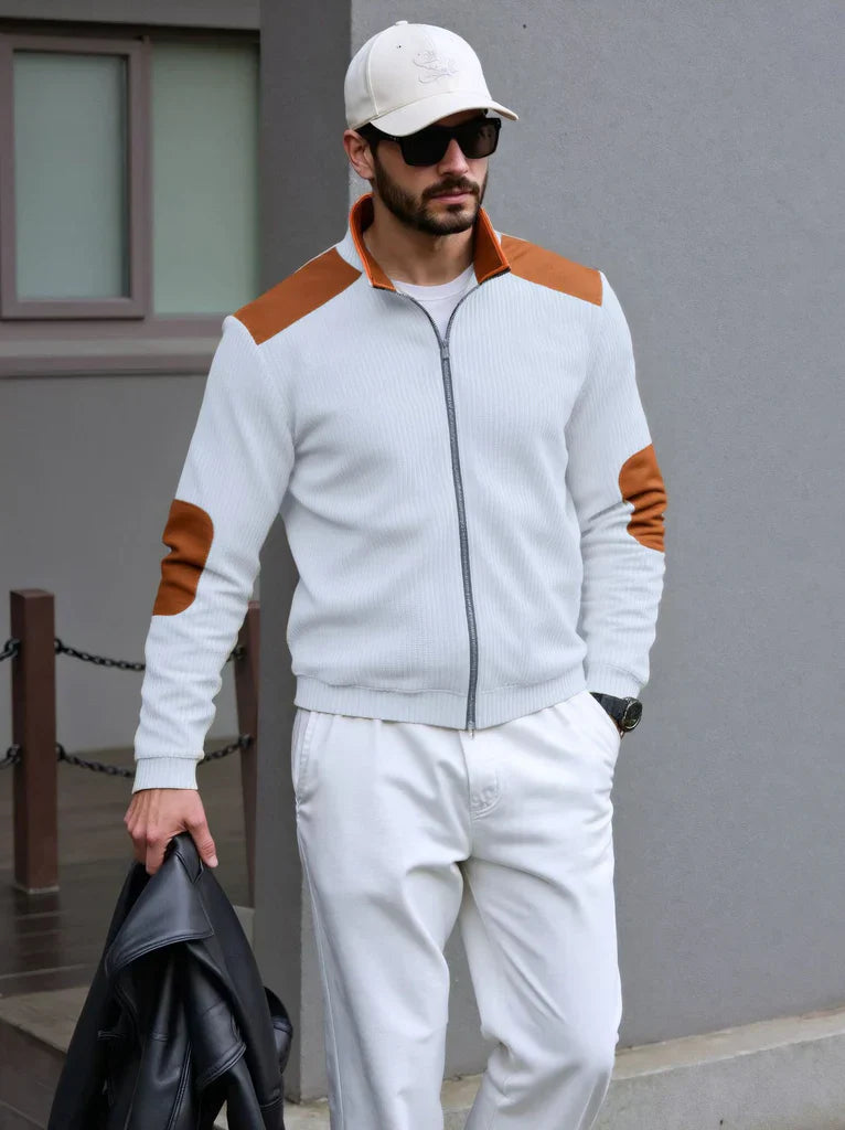 Hildric | Cardigan Zippé Homme en Maille, Coupe Regular, Patches Épaules & Coudes