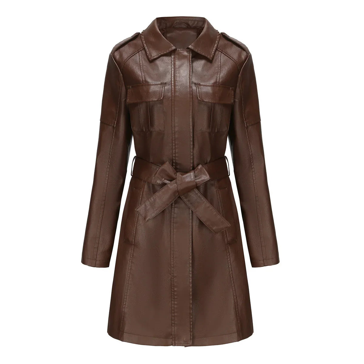 Delphine | Manteau Femme Mi-Long Élégant en Similicuir, Coupe Cintrée avec Fermeture Zippée et Poches à Rabat