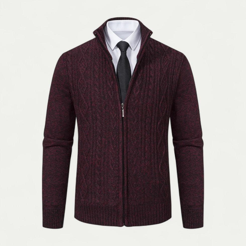 Finley | Cardigan Homme Zippé en Maille Torsadée avec Col Haut et Ourlet Côtelé
