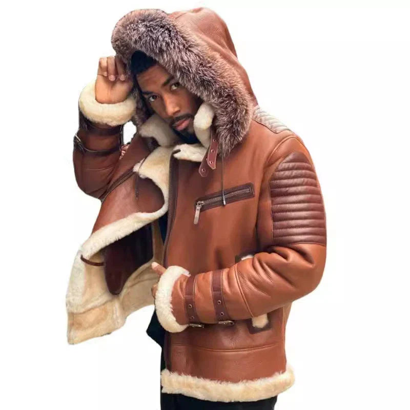Alvaro | Veste Homme Hiver Relaxed Fit en Similicuir avec Capuche Fourrure et Épaules Matelassées