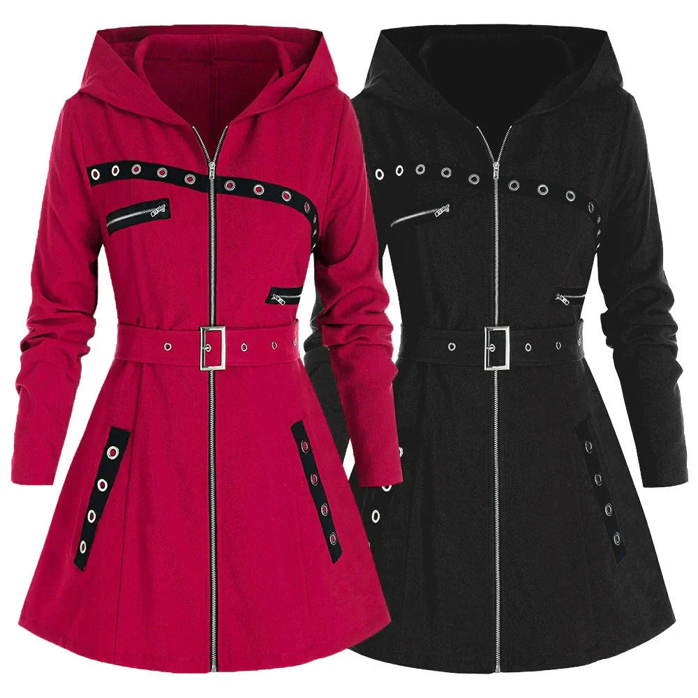 Désirée | Manteau Femme Cintré avec Capuche, Ourlet Asymétrique, Fermeture Zippée Métal et Ceinture Ajustable