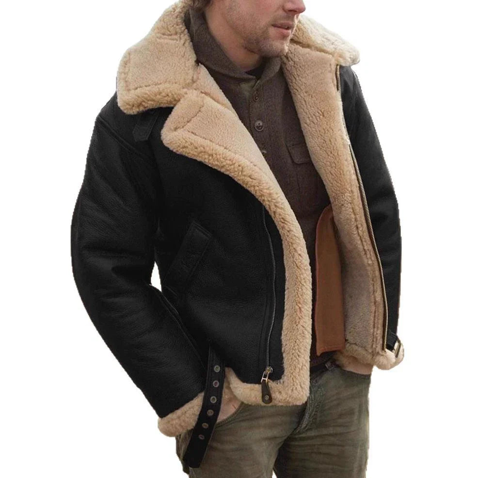 Cédric | Veste Aviator Homme Style Cuir avec Col et Poignets Shearling, Boucles Réglables et Fermeture Éclair
