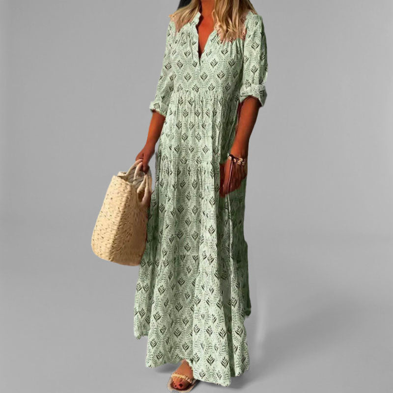 Sorenza | Robe Maxi Femme Coton Léger – Coupe Ample – Col V – Imprimé Vintage – Manches 3/4