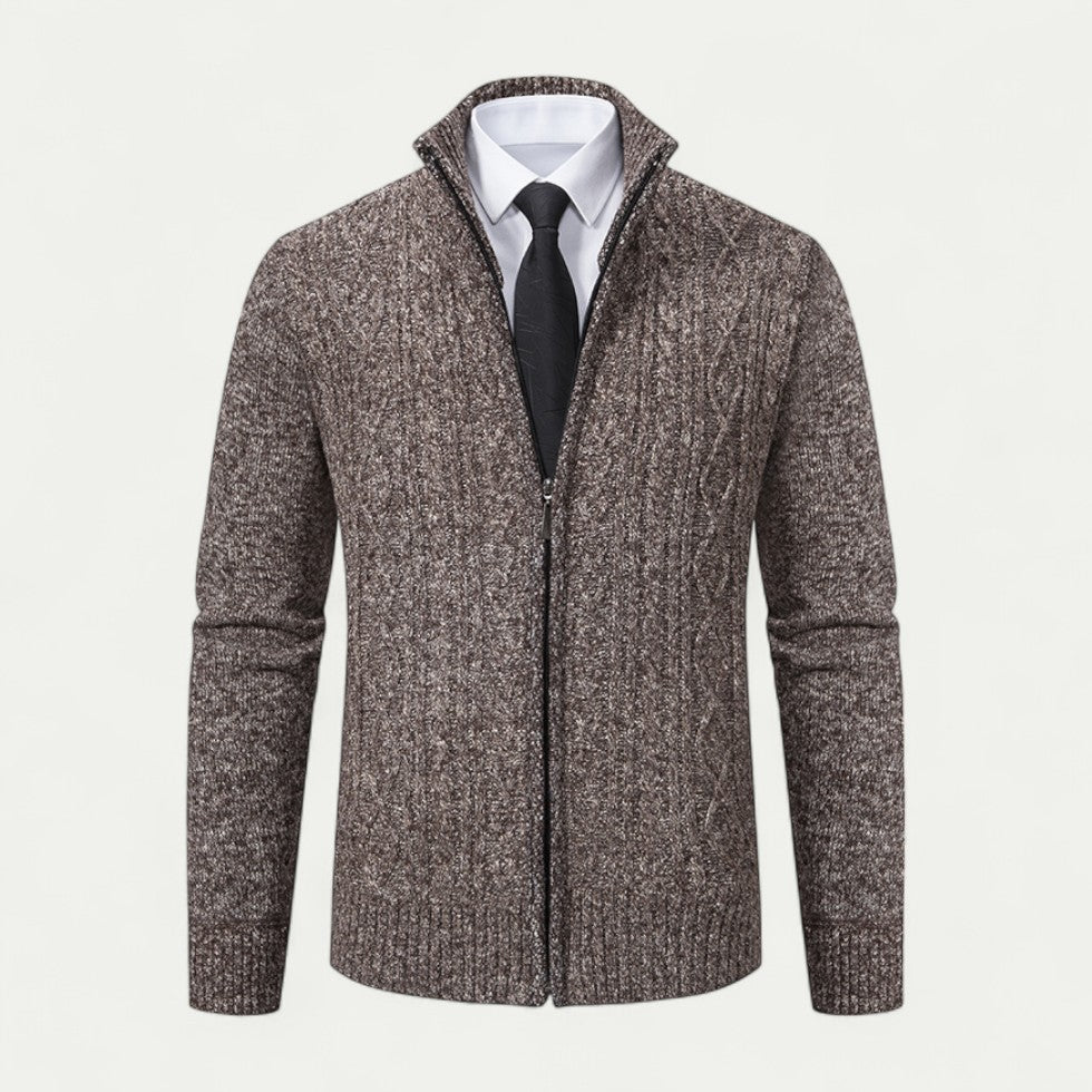 Finley | Cardigan Homme Zippé en Maille Torsadée avec Col Haut et Ourlet Côtelé