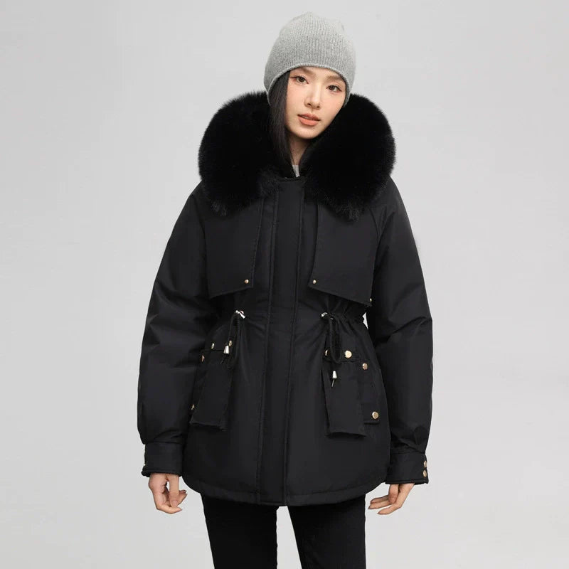 Dominique | Parka Femme Mi-Longue avec Taille Ajustable et Col Amovible en Fausse Fourrure