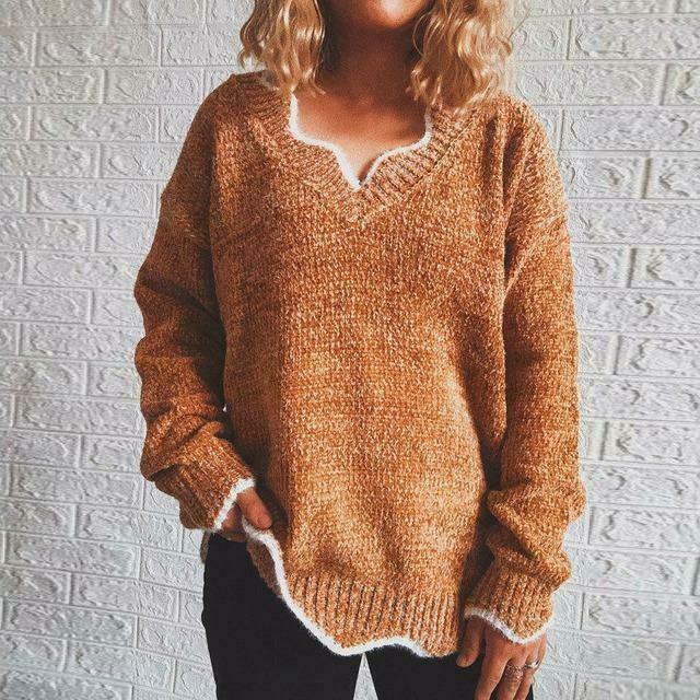 Aimée | Pull Femme Tricoté Décontracté à Col V en Couleur Unie