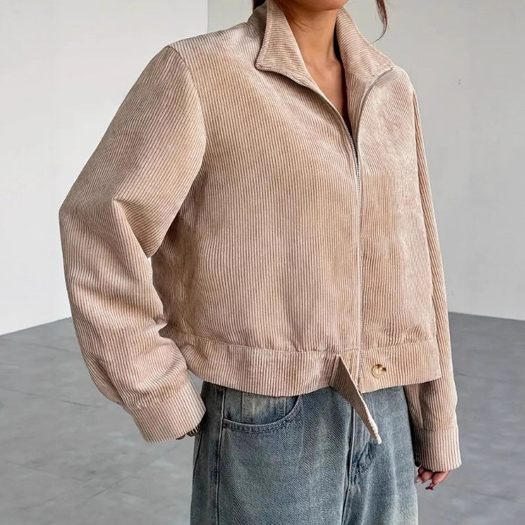 Félicie | Veste Femme Velours Côtelé, Coupe Décontractée, Courte, Col Large, Fermeture Zippée