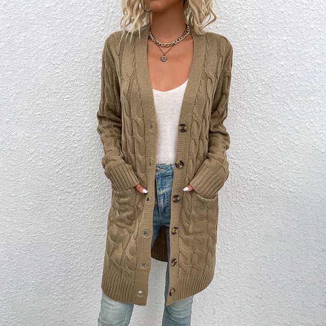 Albane | Cardigan Long Boutonné en Maille Texturée avec Poches pour Femme