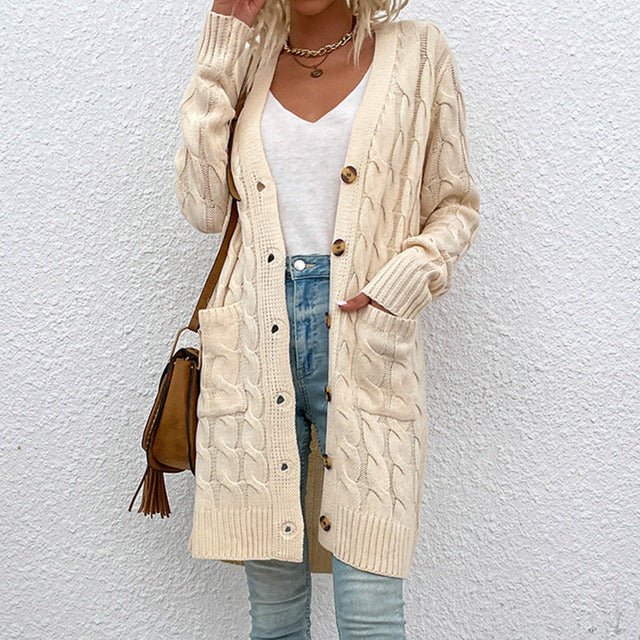 Albane | Cardigan Long Boutonné en Maille Texturée avec Poches pour Femme