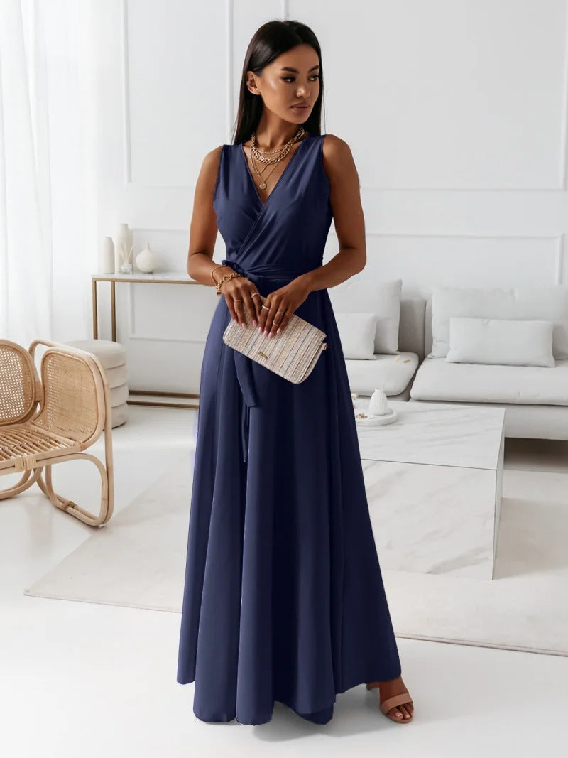 Fantine | Robe Maxi Femme Élégante Sans Manches Ceinture Taille Col V