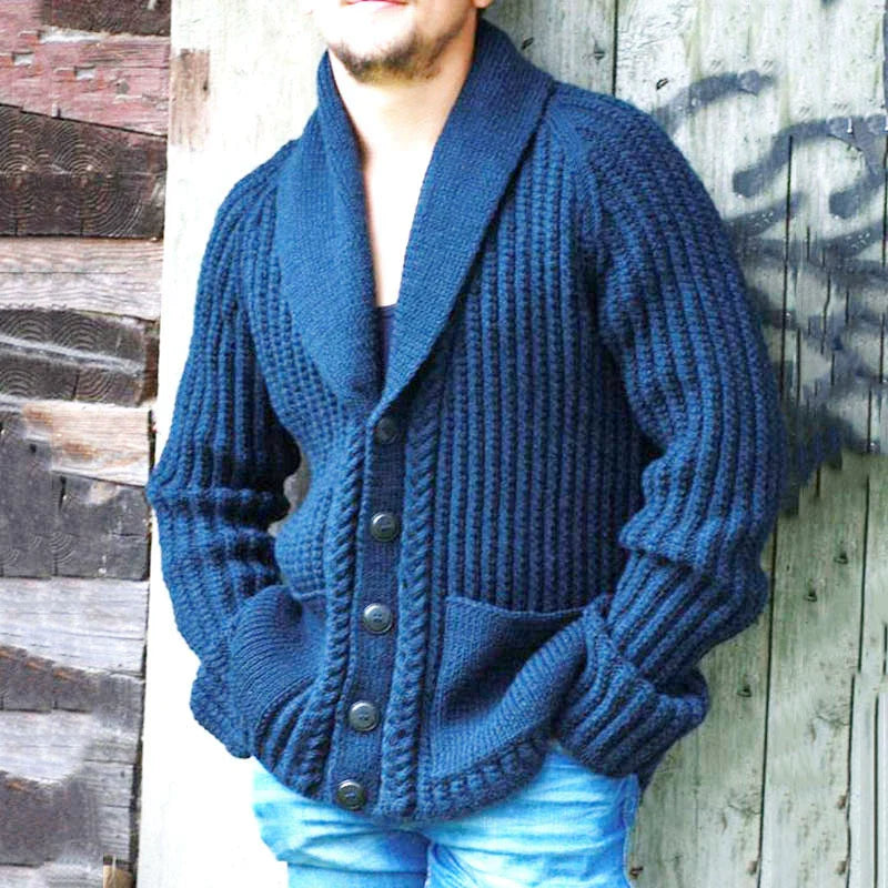 André | Cardigan Homme Bleu en Laine Tricotée avec Col Châle, Coupe Relax et Fermeture Boutonnée