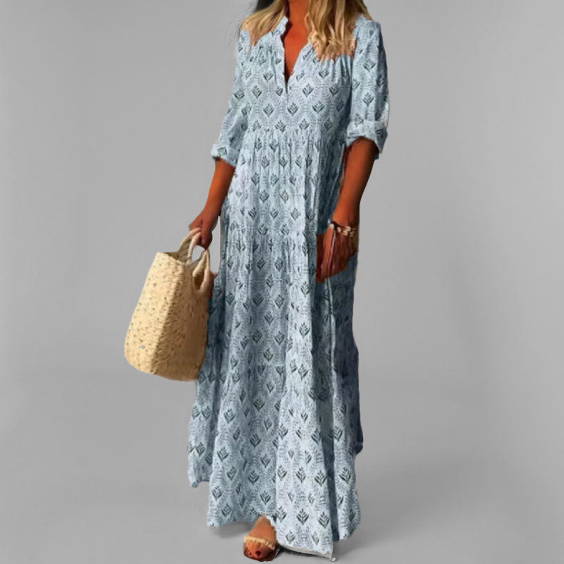 Sorenza | Robe Maxi Femme Coton Léger – Coupe Ample – Col V – Imprimé Vintage – Manches 3/4