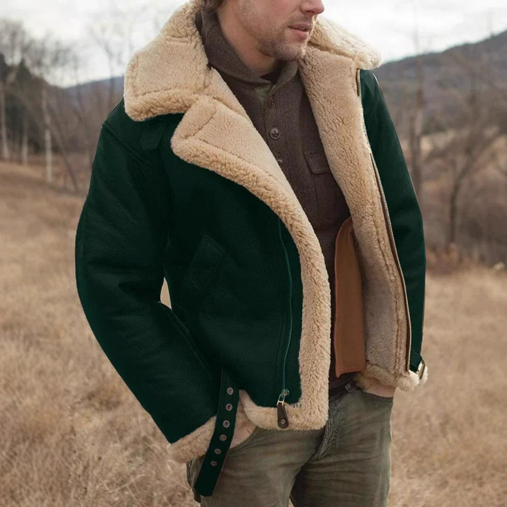 Cédric | Veste Aviator Homme Style Cuir avec Col et Poignets Shearling, Boucles Réglables et Fermeture Éclair