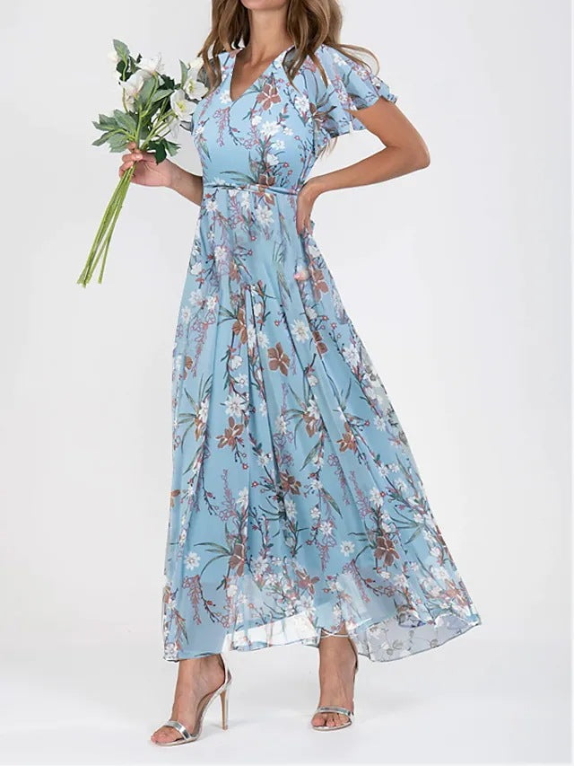 Océana | Robe Maxi à Volants Florale en Chiffon – Élégante et Aérée avec Col V pour Femme