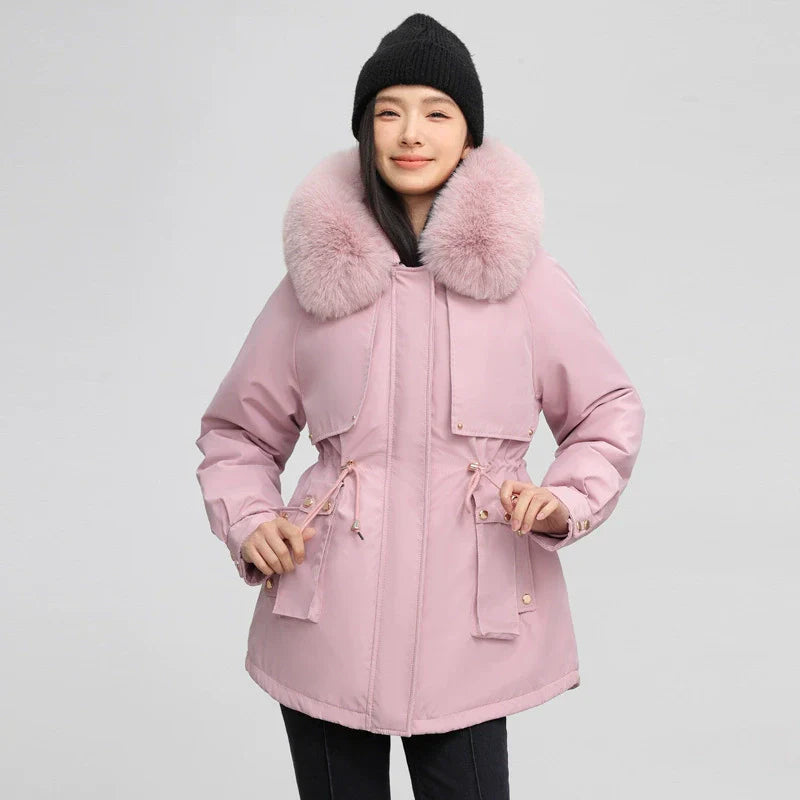Dominique | Parka Femme Mi-Longue avec Taille Ajustable et Col Amovible en Fausse Fourrure