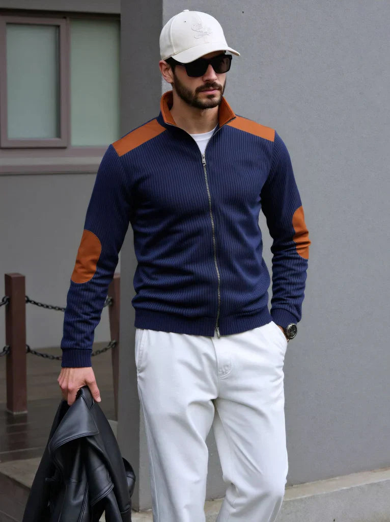 Hildric | Cardigan Zippé Homme en Maille, Coupe Regular, Patches Épaules & Coudes