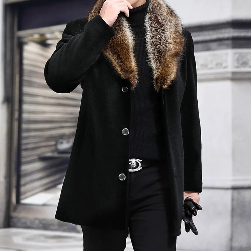 Edgard | Manteau Homme Slim Fit en Laine avec Col Shaggy V-Fur et Fermeture Boutonnée