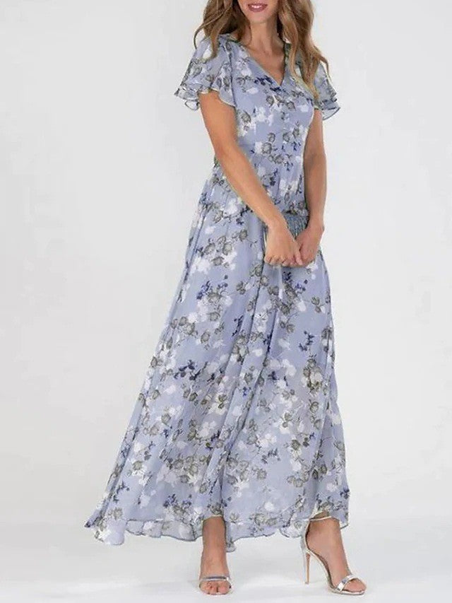 Océana | Robe Maxi à Volants Florale en Chiffon – Élégante et Aérée avec Col V pour Femme