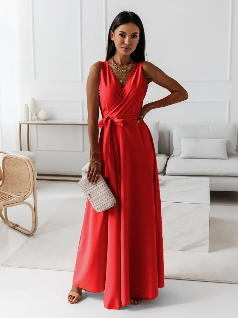 Fantine | Robe Maxi Femme Élégante Sans Manches Ceinture Taille Col V