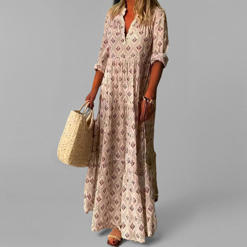 Sorenza | Robe Maxi Femme Coton Léger – Coupe Ample – Col V – Imprimé Vintage – Manches 3/4