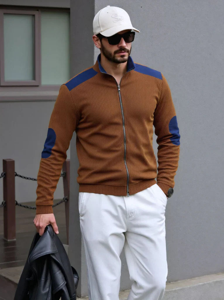 Hildric | Cardigan Zippé Homme en Maille, Coupe Regular, Patches Épaules & Coudes