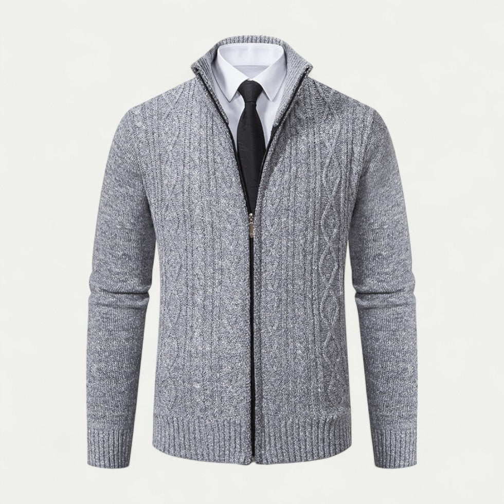 Finley | Cardigan Homme Zippé en Maille Torsadée avec Col Haut et Ourlet Côtelé