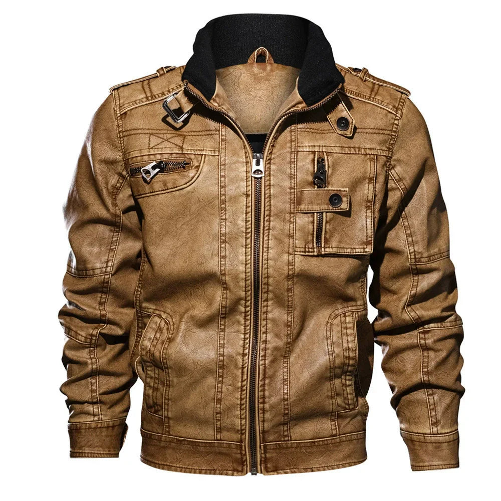 Dimitri – Veste Homme Slim Fit Look Cuir avec Col Montant, Fermeture Éclair et Multiples Poches Style Militaire