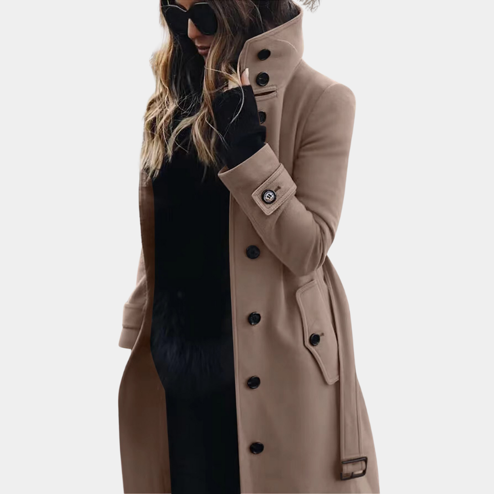 Barbara | Manteau Long Femme Ceinturé à Col Haut Boutonné