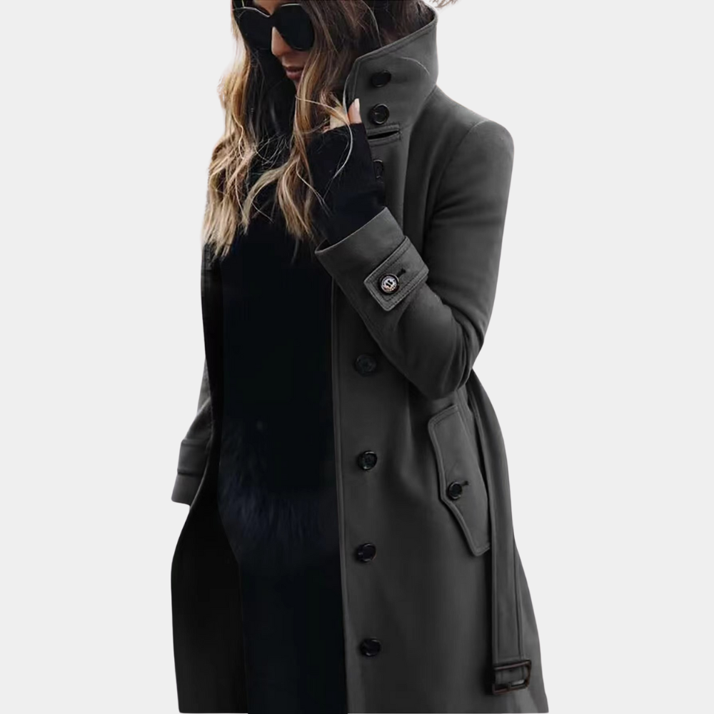 Barbara | Manteau Long Femme Ceinturé à Col Haut Boutonné