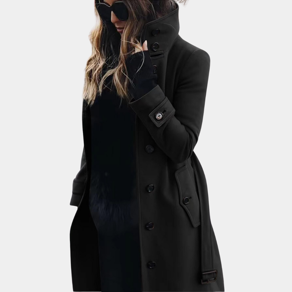 Barbara | Manteau Long Femme Ceinturé à Col Haut Boutonné