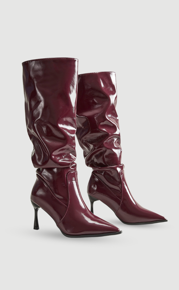 Vignette | Bottes Femme Bordeaux Brillantes à Talons Hauts, Bout Pointu et Coupe Genou