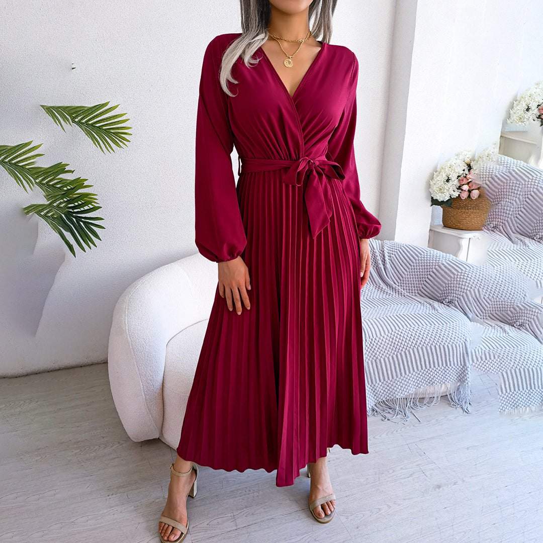 Annette | Robe longue plissée élégante avec ceinture à nouer et manches bouffantes