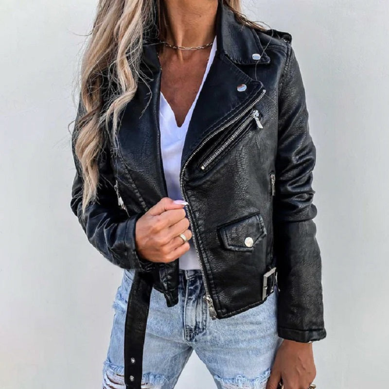 Aliette | Veste Biker Femme à Revers, Coupe Courte avec Fermeture Éclair, Poches et Ceinture