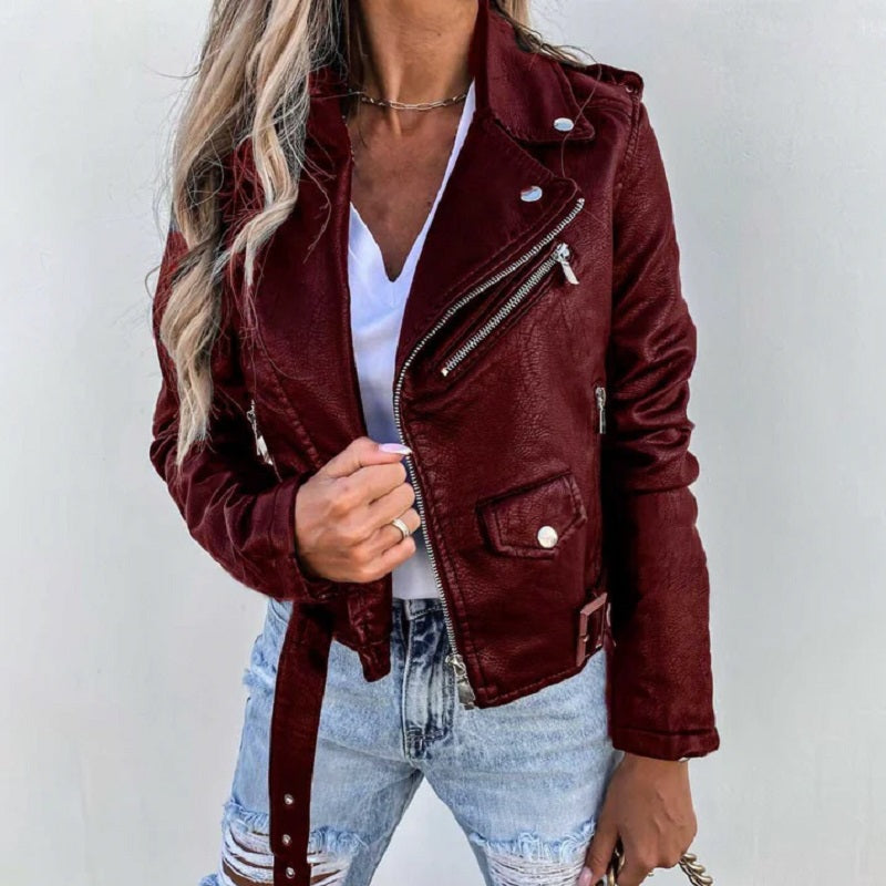 Aliette | Veste Biker Femme à Revers, Coupe Courte avec Fermeture Éclair, Poches et Ceinture