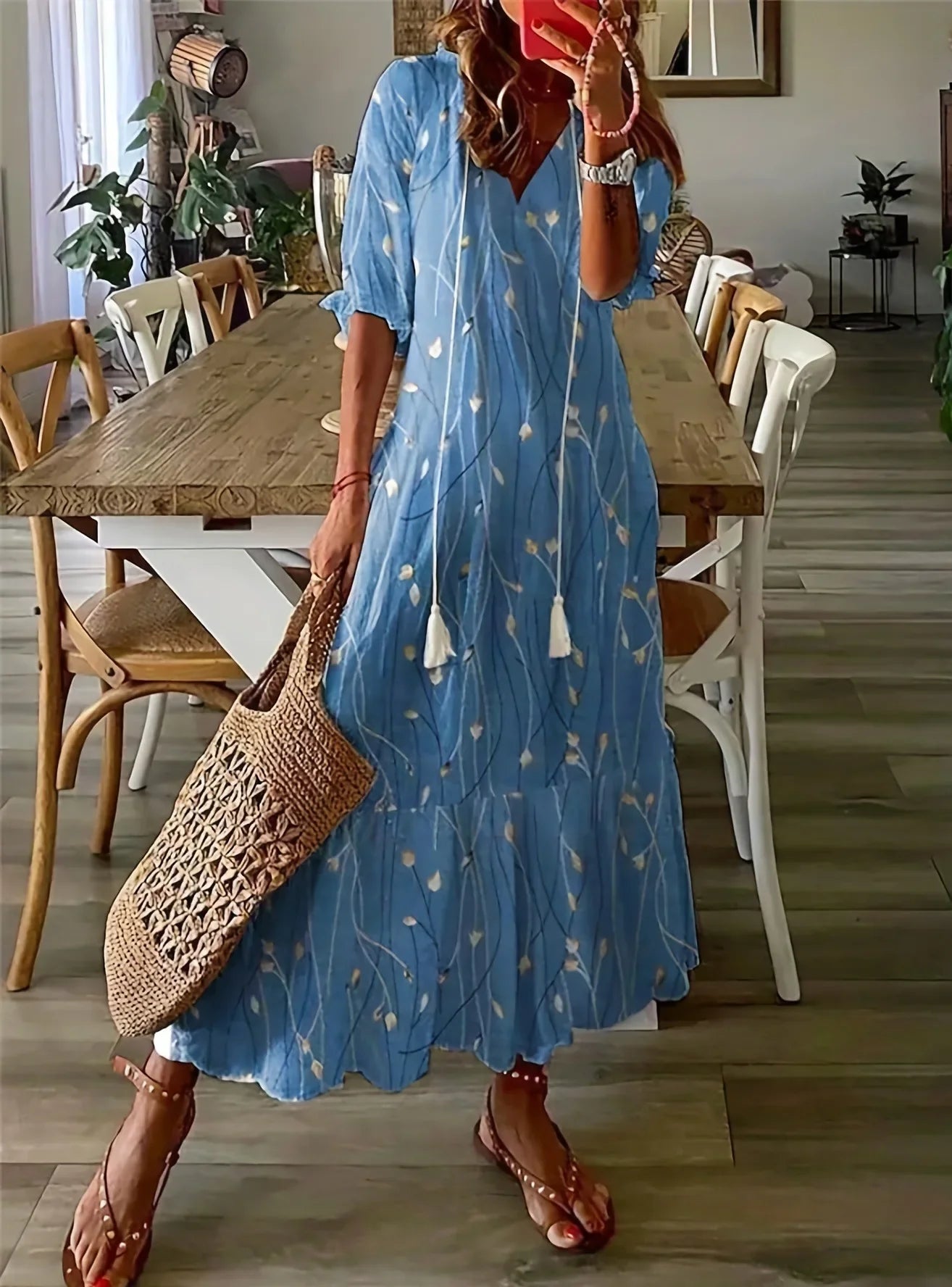 Lucienne | Robe Longue Bohème à Imprimé Fleuri, Col V & Manches Mi-longues – Élégance & Confort Estival