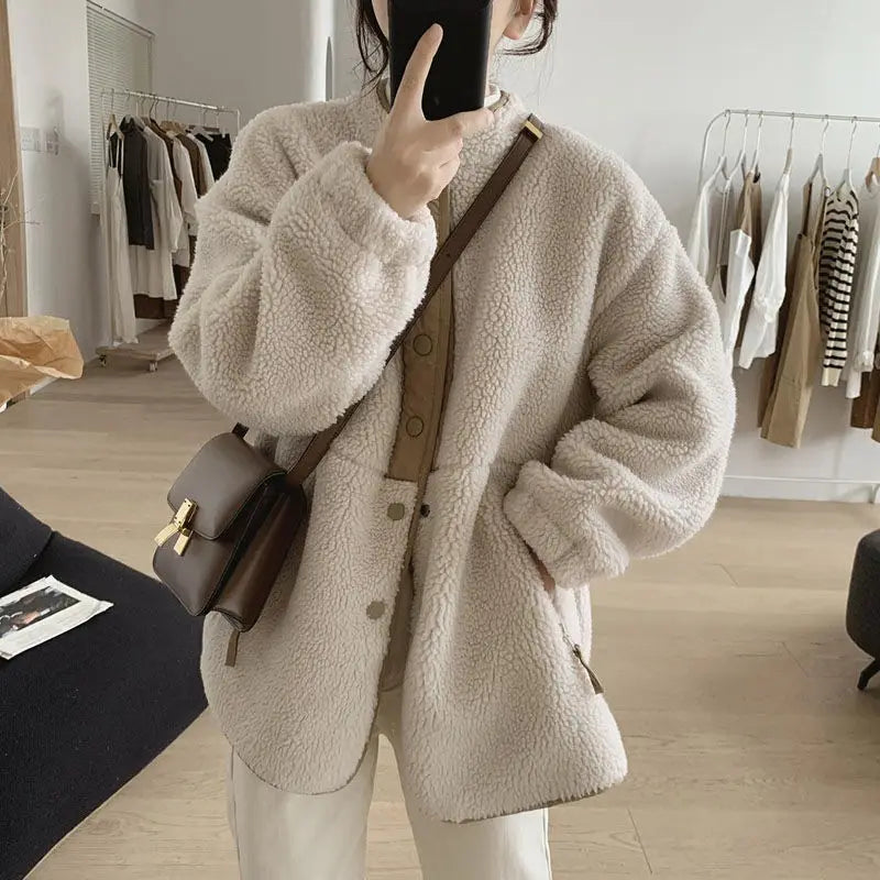 Yolande | Veste Femme Douillette Beige Boutonnée, Oversized Chic & Confortable