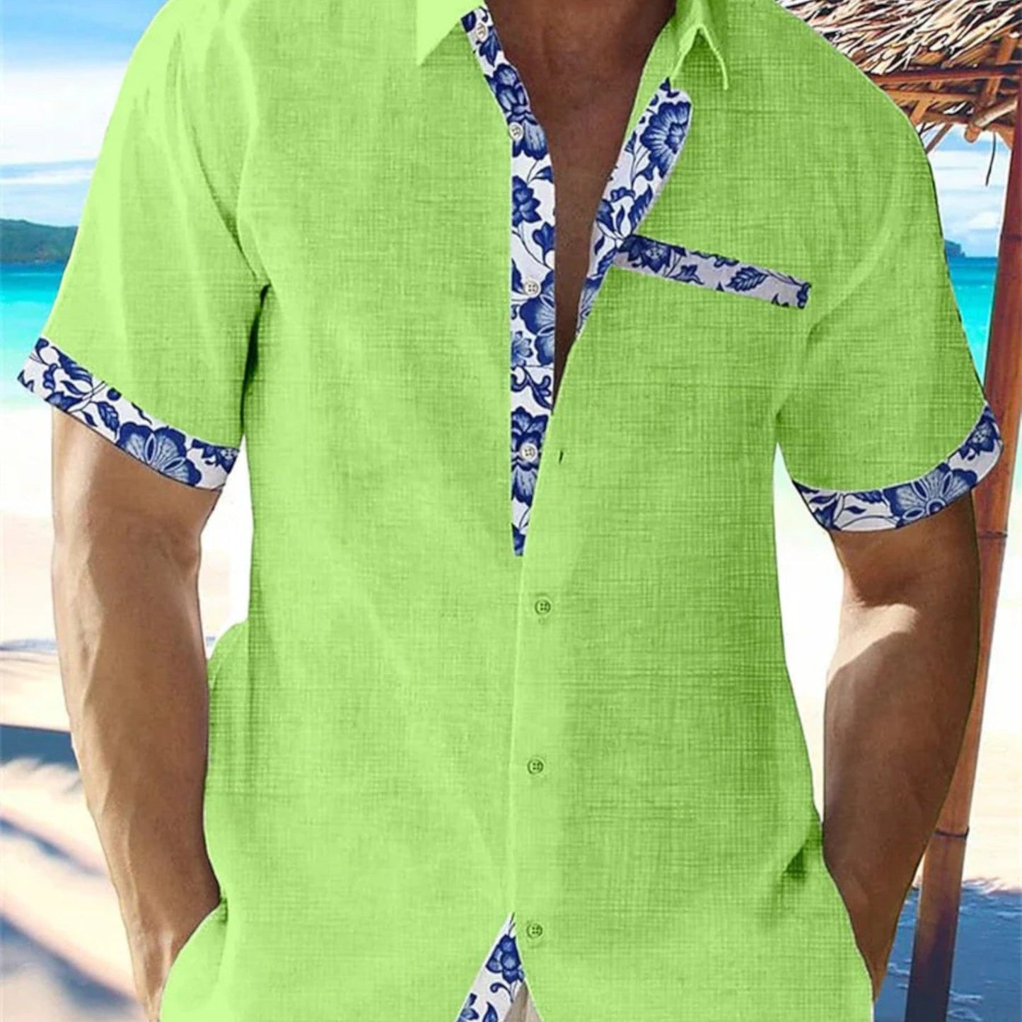 Niklas | Chemise Homme Été Lin Confortable Unie avec Détails Floraux Bleus Col Revers Boutonné