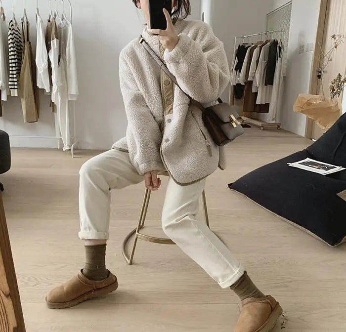 Yolande | Veste Femme Douillette Beige Boutonnée, Oversized Chic & Confortable