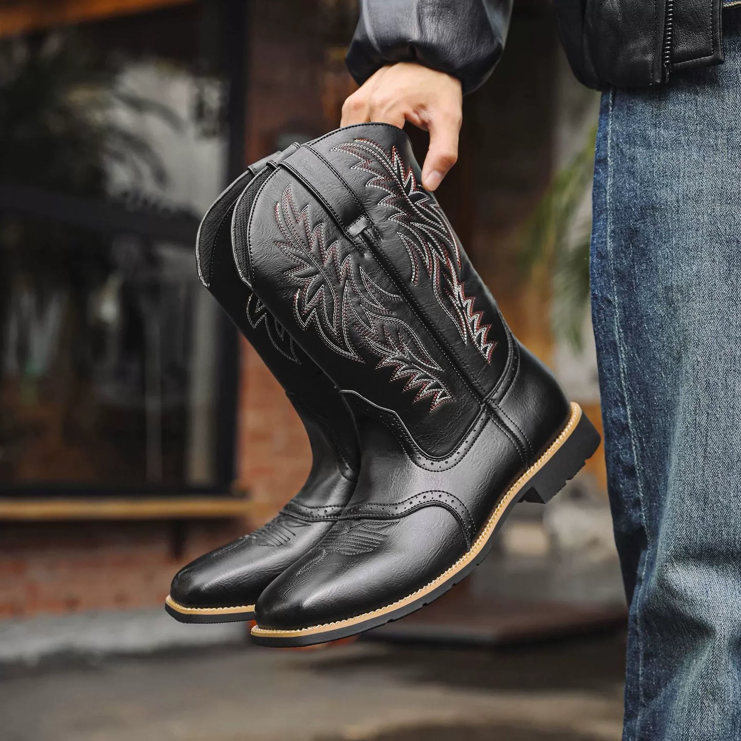 Melrose | Bottes Homme Western Cowboy Mi-Mollet à Bout Carré avec Broderies Classiques