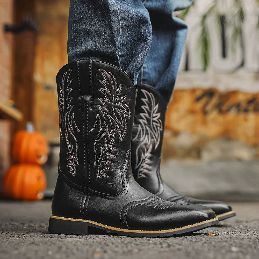 Melrose | Bottes Homme Western Cowboy Mi-Mollet à Bout Carré avec Broderies Classiques