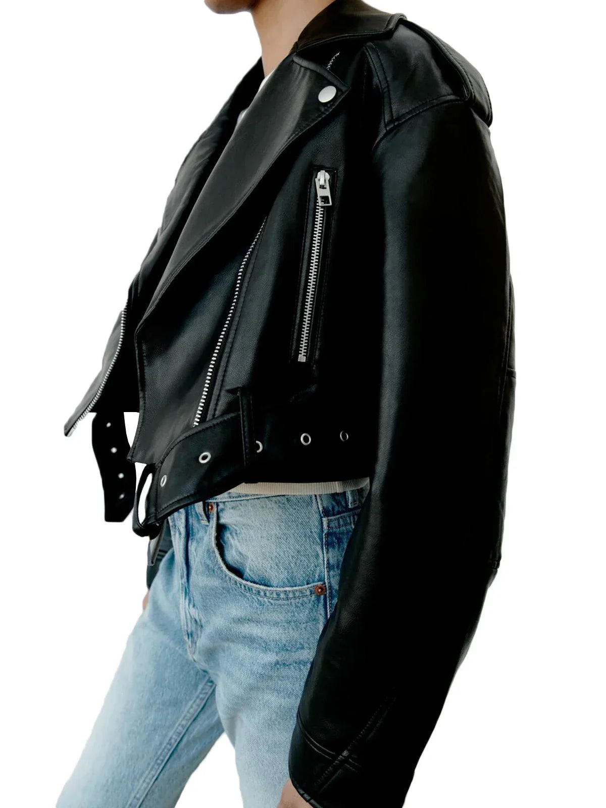 Alarie | Veste Biker Femme Cropped avec Fermeture Asymétrique, Ceinture Taille et Poches Poitrine
